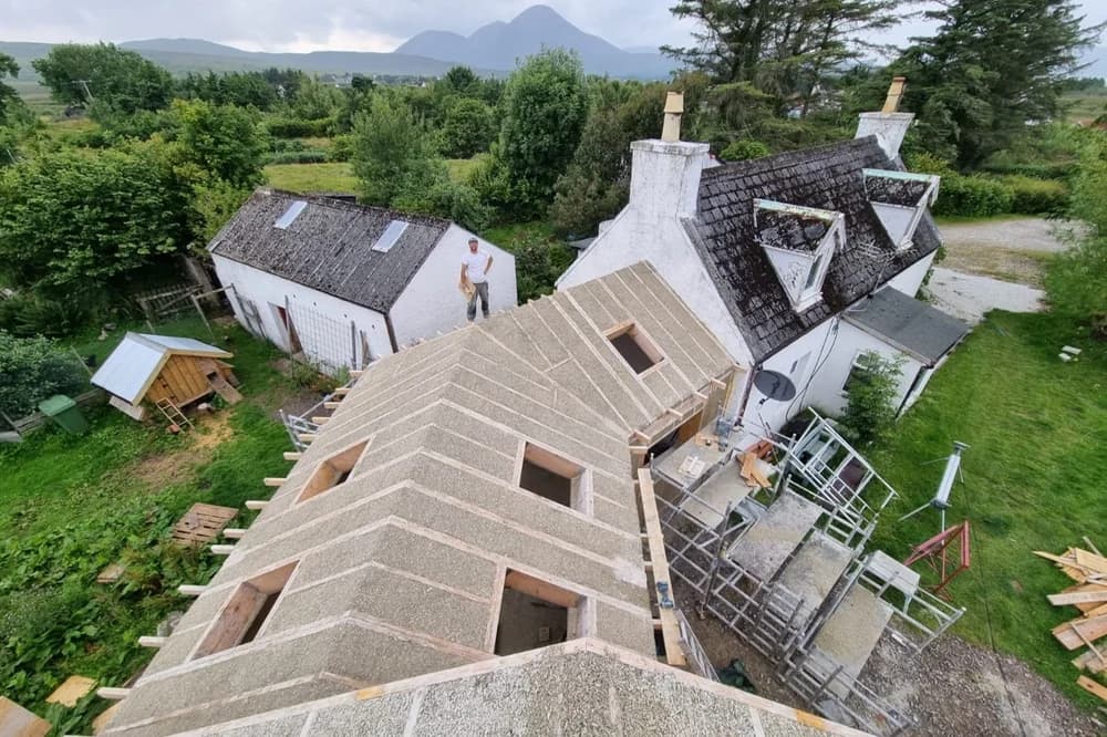 Hempcrete warm roof build-up between rafters